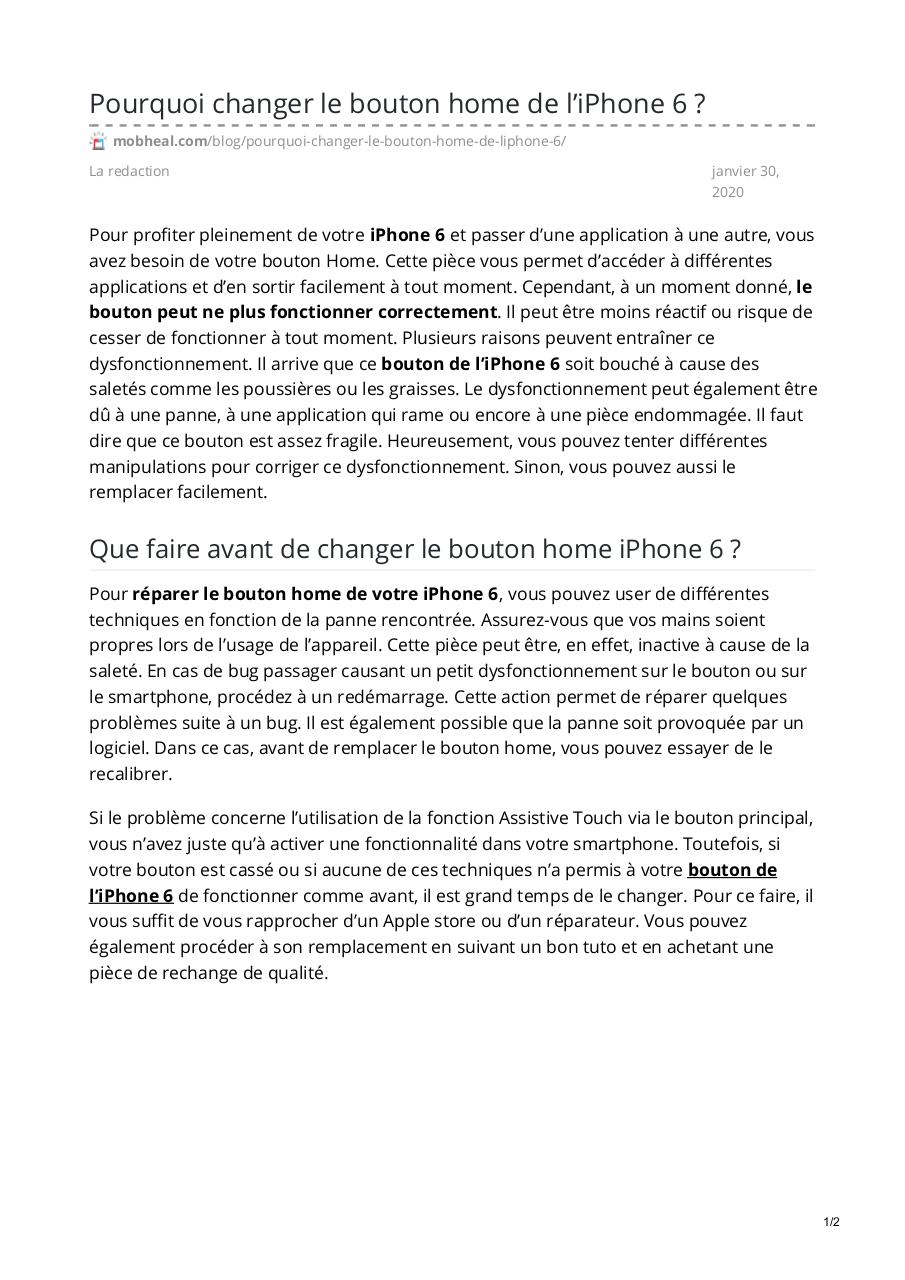 Aperçu du document mobheal.com-Pourquoi changer le bouton home de liPhone 6 .pdf - page 1/2 mobheal.com-Pourquoi changer le bouton home de liPhone 6 .pdf - page 1/2